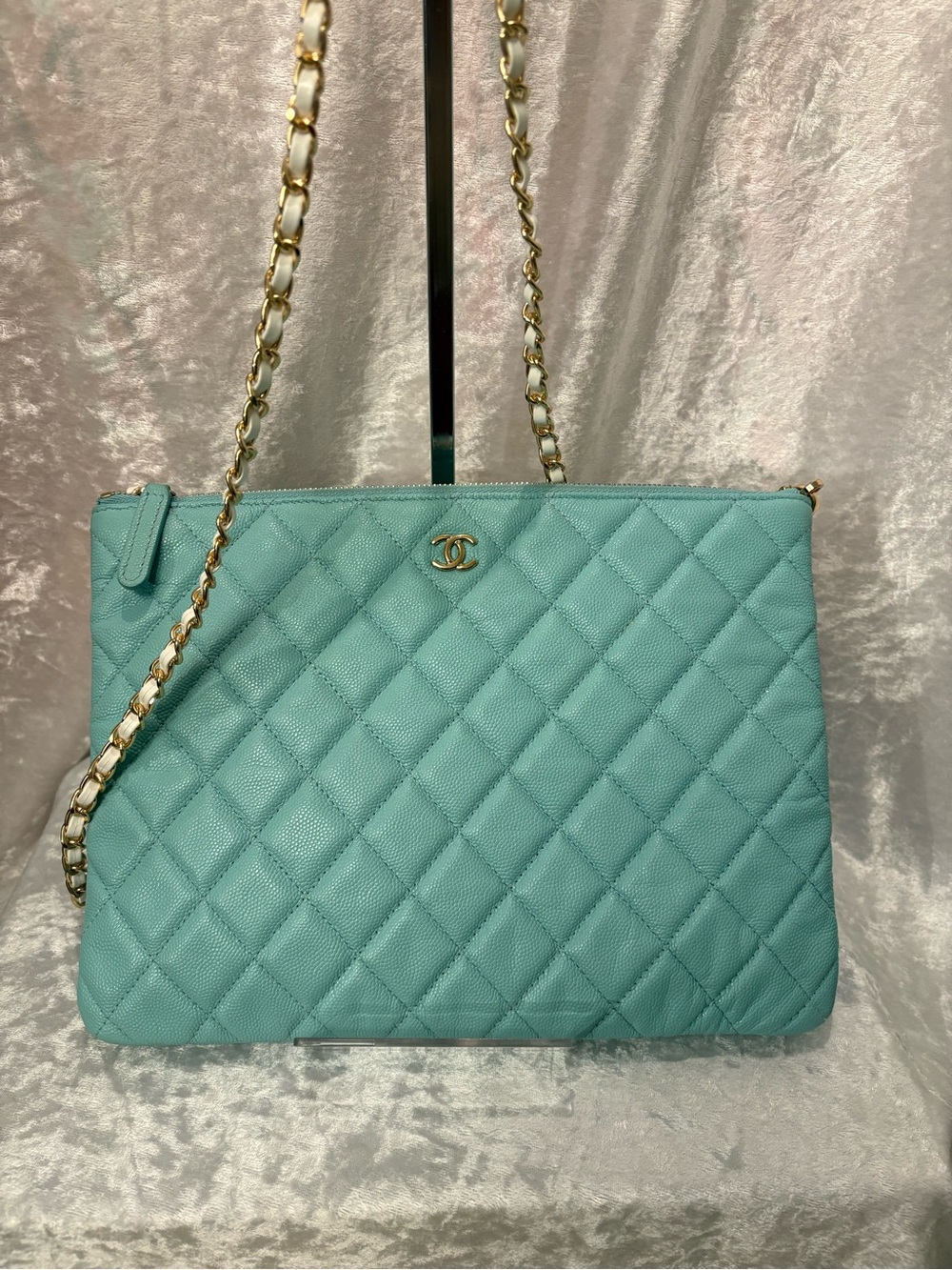 Chanel Classic Caviar Quilted Clutch Seafoam Authentic